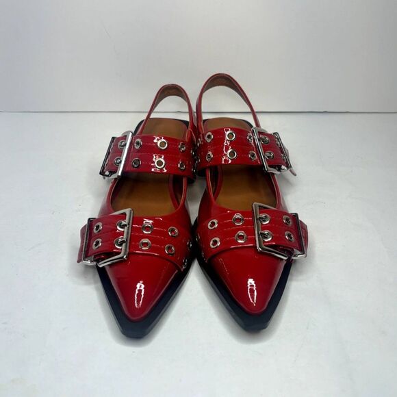 Lunhonk Red Patent Leather Slingback Flat Sandals Womens Studded Buckle Designer - Picture 3 of 11
